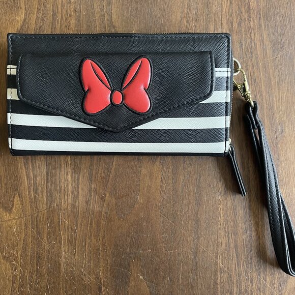Disney Parks Minnie Mouse Red Bow Clutch Wallet Wristlet Black & White Striped - Picture 1 of 5